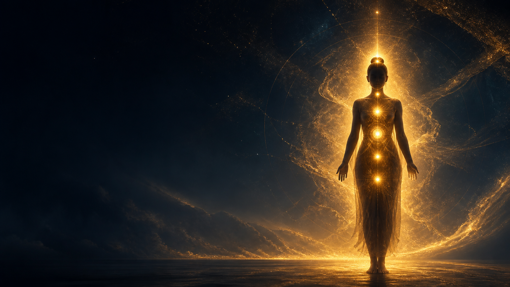 Cosmoenergy aura ja energiakeskukset kultaisessa valossa